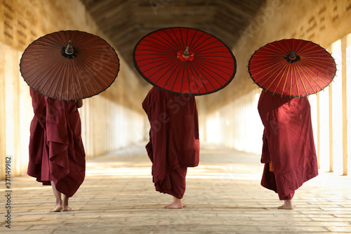 A group of Buddhist novices in the Shwezigon Pagoda in Bagan  Myanmar  Burma 