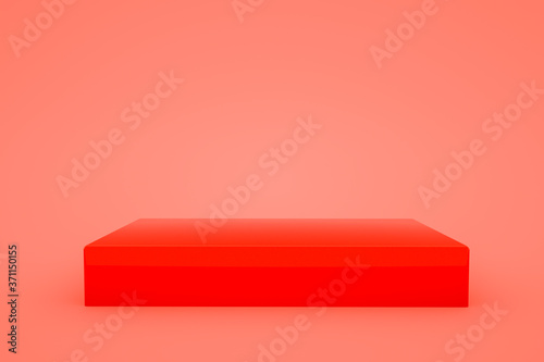 three-dimensional stand podium on a red background. 3d render illustration © toomler