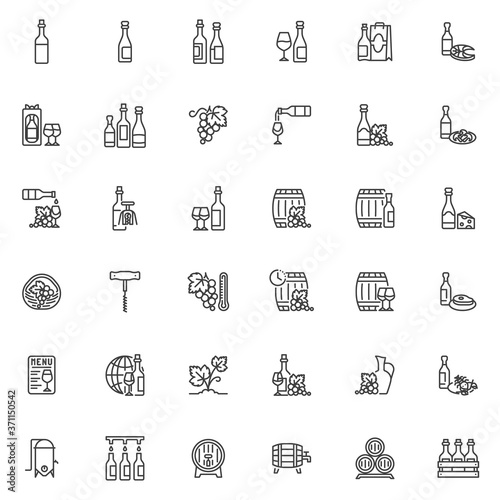 Wine Production line icons set. Winery linear style symbols collection, outline signs pack. vector graphics. Set includes icons as bottle of wine and glass, barrel, grapes, corkscrew, fermentation