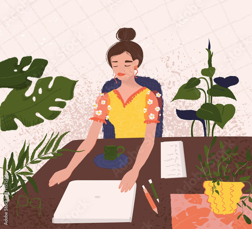 Young pensive woman sitting with closed eyes at a table with a laptop and a sheet of paper in front of her. Fatigue and thoughtfulness. The crisis of creativity, the problem of starting work. Flat vec