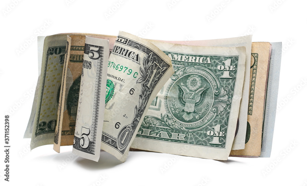 American dollar bills, United States banknotes, cash money isolated on white background American dollar bills, United States banknotes, cash money isolated on white background