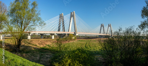 Modern double cable-stayed bridge over Vistula River in Krakow, Poland. Wide panorama in sunrise light with trees © kilhan