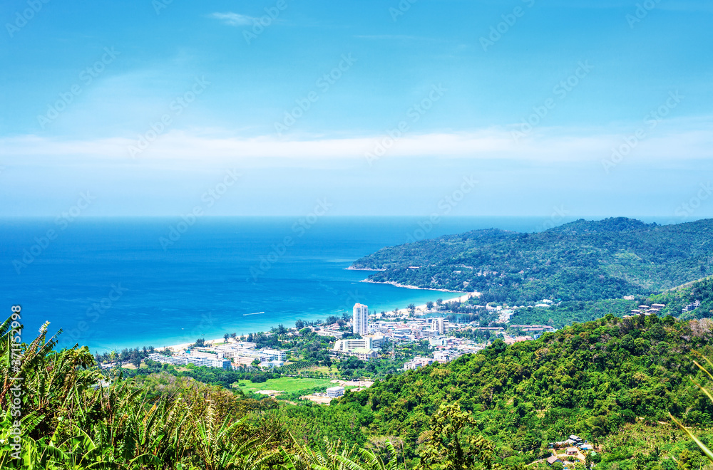 Phuket spring landscape by blue sky. Aerial view of thai island