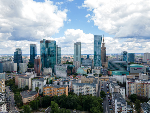 Beautiful panoramic aerial drone view to the center of Warsaw City and Palace of Culture and Science. Big City © Olivier Uchmanski
