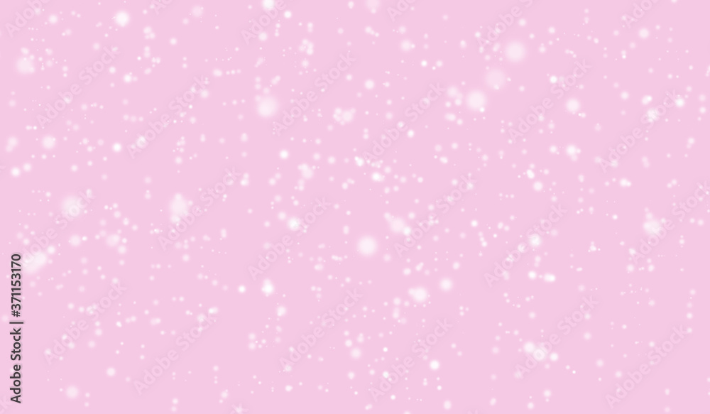 White snowfall, bokeh, dots defocus glitter blur on pink background. illustration.