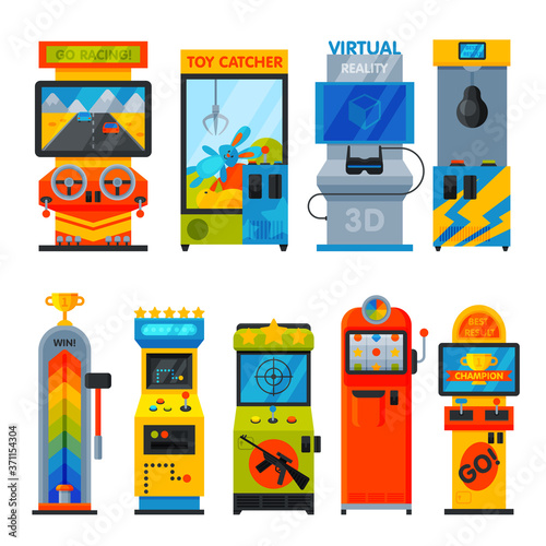 Arcade Game Machines Collection, Amusement Video Gaming Machinery Vector Illustration