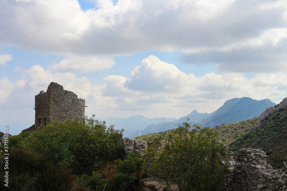Mountains and the top of the castle of Saint Hilarion. Cyprus.