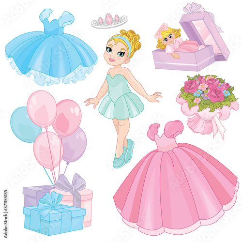 Cute girl with balloons and gifts