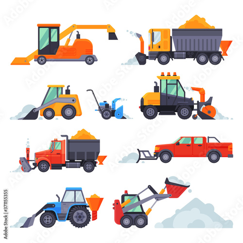 Winter Snow Removal Machines Collection, Cleaning Road Truck, Excavator, Snowblower, Snow Plow Vehicles Vector Illustration