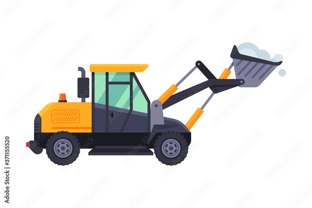 Snow Plow Excavator, Winter Snow Removal Machine, Heavy Professional Cleaning Road Vehicle Vector Illustration