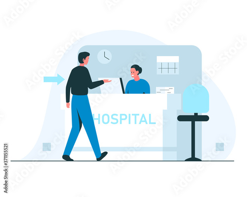 Hospital reception concept illustration. Vector illustration of a man walking to a hospital reception where he is greeted by a smiling young woman. Man asks a question to the hospital register office