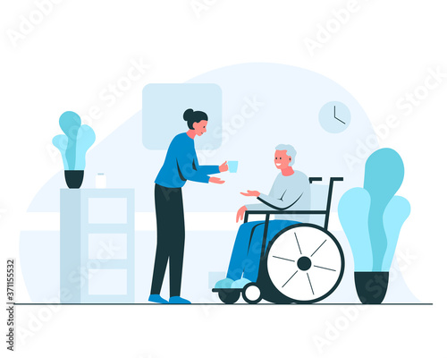 Female nurse giving glass of water to elderly man in a wheelchair. Vector concept illustration of young smiling nurse helping senior man in a wheelchair in a cozy interior with plants and flowerpots