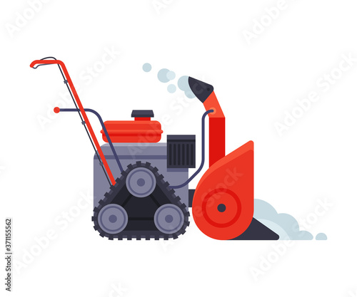 Red Snowblower, Winter Snow Removal Machine, Cleaning Road Equipment Vector Illustration