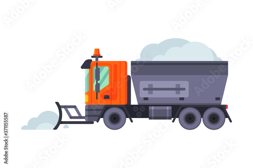 Snow Plow Truck, Winter Snow Removal Machine, Heavy Professional Cleaning Road Vehicle Vector Illustration