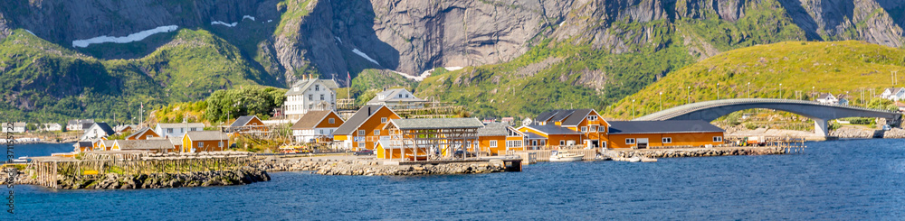 Hamnoy fishing village on Lofoten Islands, Norway with red rorbu houses.