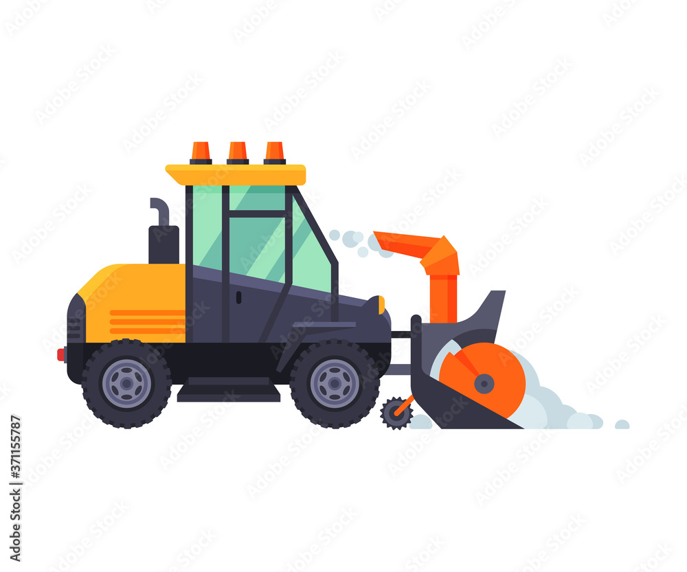Snow Plow Tractor, Winter Snow Removal Machine, Cleaning Road Snowblower Vehicle Vector Illustration