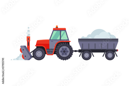 Snow Plow Tractor with Trailer, Winter Snow Removal Machine, Cleaning Road Vehicle Vector Illustration