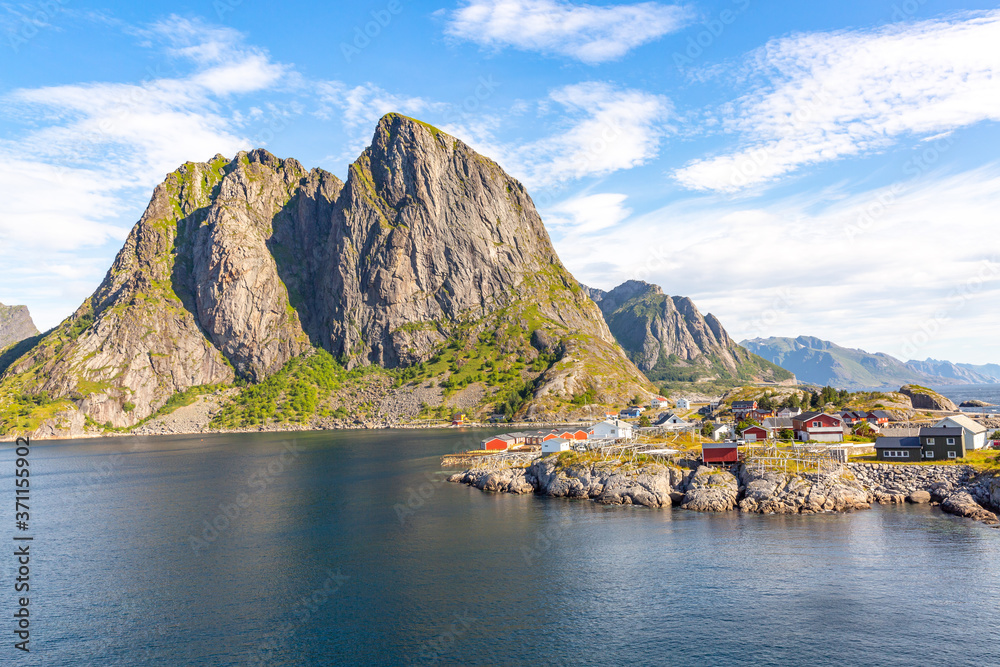 fishing village on Lofoten Islands, Norway with red rorbu houses.