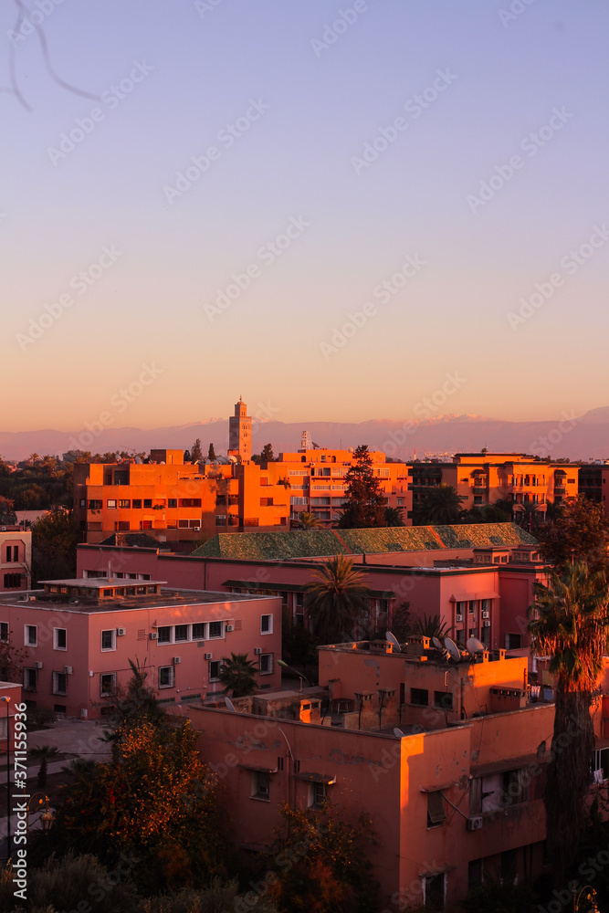 View from the Moroccan Riad of the houses, mosque and Atlas mountains of Morocco. Africa.