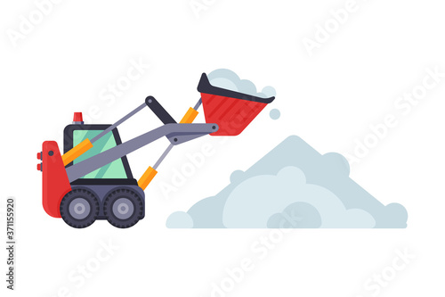 Compact Snow Plow Excavator, Removal Machine, Cleaning Road Snowblower Vehicle Vector Illustration