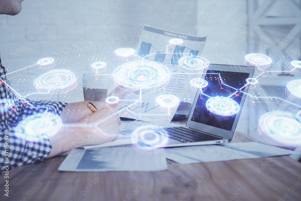 Social network theme hologram with businessman working on computer on background. Concept of world wide web. Multi exposure. Social network theme hologram with businessman working on computer on background. Concept of world wide web. Multi exposure.