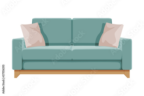 Turquoise Comfortable Sofa with Pillows, Cozy Domestic or Office Furniture, Modern Interior Design Flat Vector Illustration