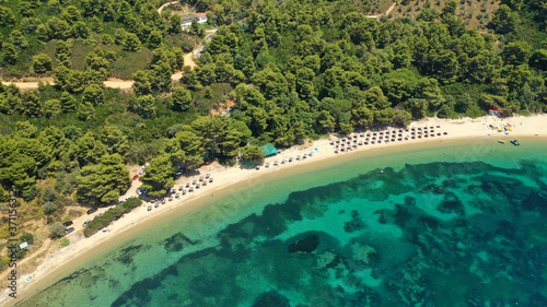 Aerial drone photo of beautiful sandy beach of Agia Eleni next to famous banana beach  Skiathos island  Sporades  Greece