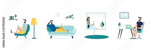 Working at home, coworking space, concept illustration. Young people, man and woman freelancers working on laptops and computers at home. People at home in quarantine. Vector flat style illustration