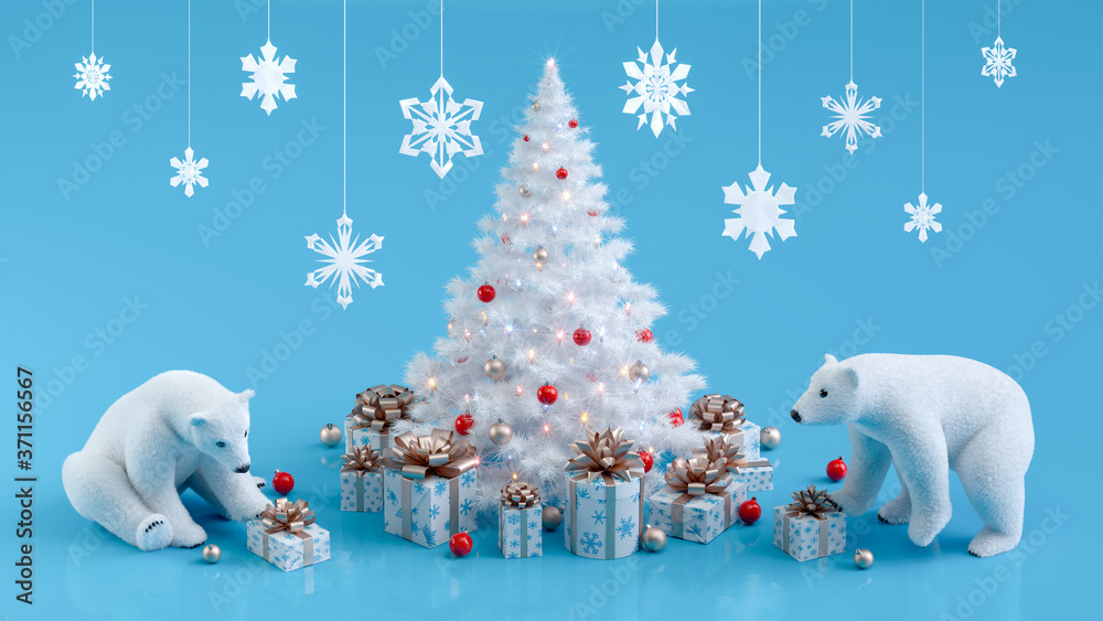 Fototapeta premium Polar bears near decorated Christmas tree with gift boxes. Sparkling illuminated Christmas lights gift boxes and snowflakes. Merry Christmas and Happy New Year greeting card. 3D illustration.