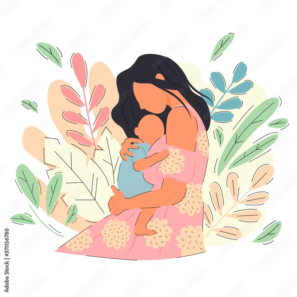 Naklejka Flat silhouette of woman in flower dress holding her baby on a background of leaves. Happy materinity. Motherhood, maternity hand drawn style vector illustration