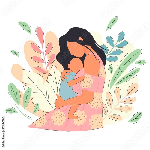 Flat silhouette of woman in flower dress holding her baby on a background of leaves. Happy materinity. Motherhood, maternity hand drawn style vector illustration
