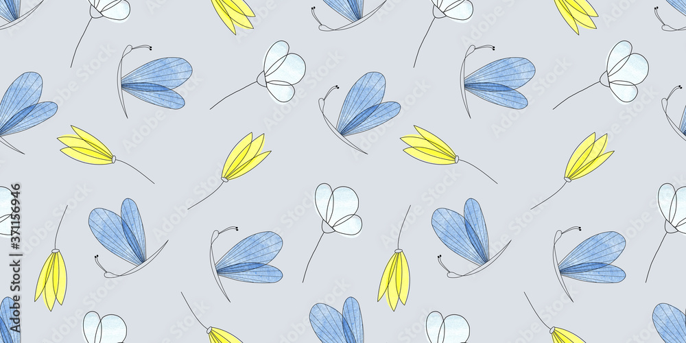Fototapeta premium Cartoon seamless floral pattern with flowers and butterflies in vintage style for fabrics, paper, textile, gift wrap 