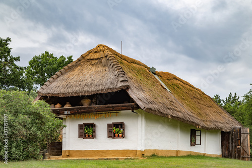 Traditional thatched-roofed countryside house with drying corn and blooming pelargonium in Orseg, Hungary.