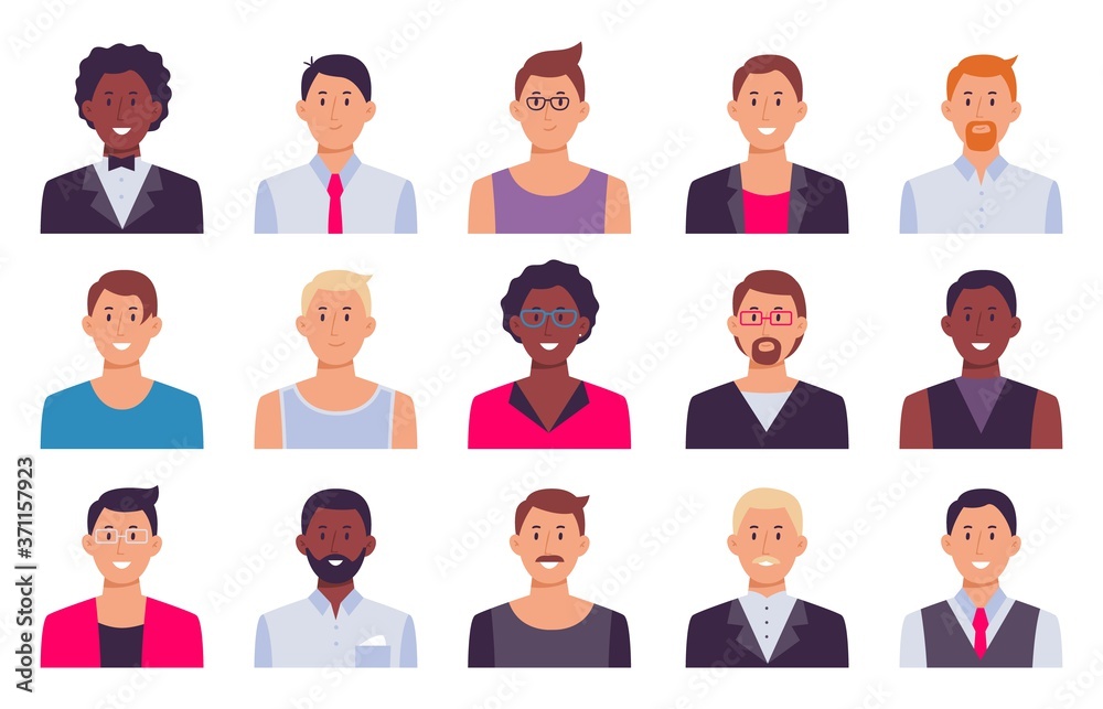 Men avatars. Male set person, collection guy character for social profile, illustration businessman student face, office stuff vector Men avatars. Male set person, collection guy character for social profile, illustration businessman student face, office stuff vector