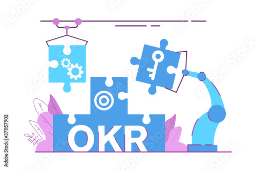 Industrial robot puzzle assembly.OKR business concept.Objectives and key results.Vector flat  illustration.