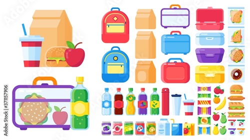 Lunch box constructor. Food for lunchbox isolated, pack snack for children, mea and vegetable. Vector illustration