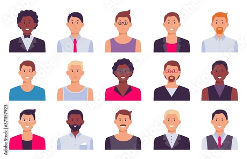 Men avatars. Male set person, collection guy character for social profile, illustration businessman student face, office stuff vector
