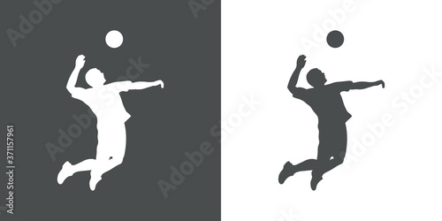 Silueta de jugador de voleibol saltando con pelota en fondo gris y fondo blanco