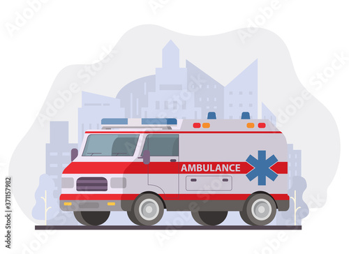 Ambulance van.First aid car.Emergency car. Isolated medical template on white background.Medicine vehicle.Silhouette city with skyscrapers on the background.Vector modern flat style.