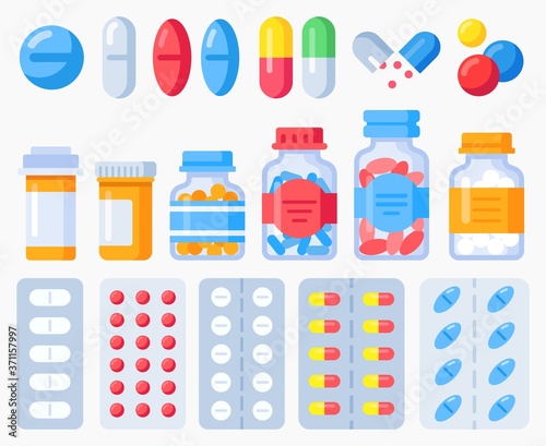 Valokuva Pharmaceutical pills, medicine bottles and pills in blister packs