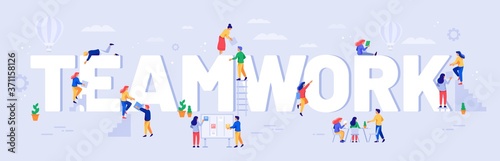 Teamwork illustration. Team work communication, partnership and oganization management, development project vector