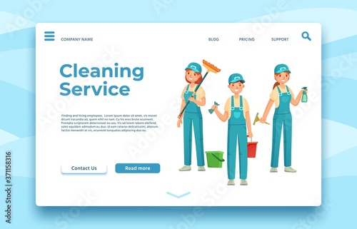 Cleaning service landing page. Professional housekeeping, people with special equipment for hygiene, cleaner company vector illustration