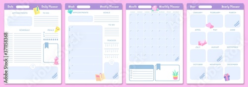 Cute planner templates. Daily, weekly, monthly and yearly planners. Schedule page journal, stationery calendar monthly, organizer diary. Vector illustration