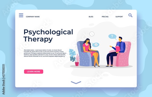 Psychological therapy landing page. Therapy page landing, depression character and psychotherapist support, vector illustration