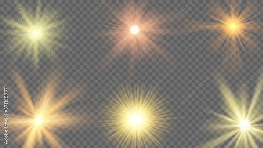 Sun ray effect. Starburst yellow shine, sunlight radiance on transparent background. Sunshine beams, summer sunbeam vector set. Illustration sun star light, effect burst, flare and bright starburst Sun ray effect. Starburst yellow shine, sunlight radiance on transparent background. Sunshine beams, summer sunbeam vector set. Illustration sun star light, effect burst, flare and bright starburst