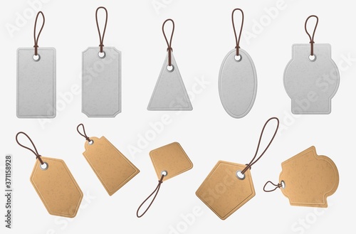 Paper price tags. Realistic blank cardboard labels with ropes, vintage white and brown shopping labels, pricing tag mockup vector set. Realistic tag banner for price, collection cardboard illustration