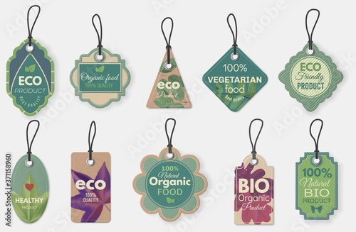 Eco label. Natural organic cardboard labels with ropes, vintage eco tags for promotion flyers or certificat hanging tags template vector set. Illustration cardboard, bio eco organic tag illustration
