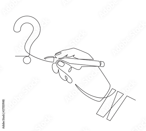 Hand writes question mark. Sketch one line hand draw question mark, quiz and survey symbol, continuous linear graphic vector concept. Question mark typography, drawing monochrome line illustration