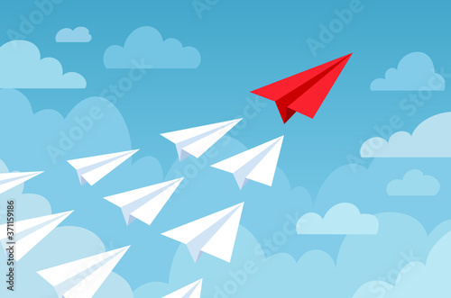 Paper plane. Flying planes white and red color, start up new idea, leadership. Business competition, success financial goal vector concept. Paper plane, airplane origami in sky illustration