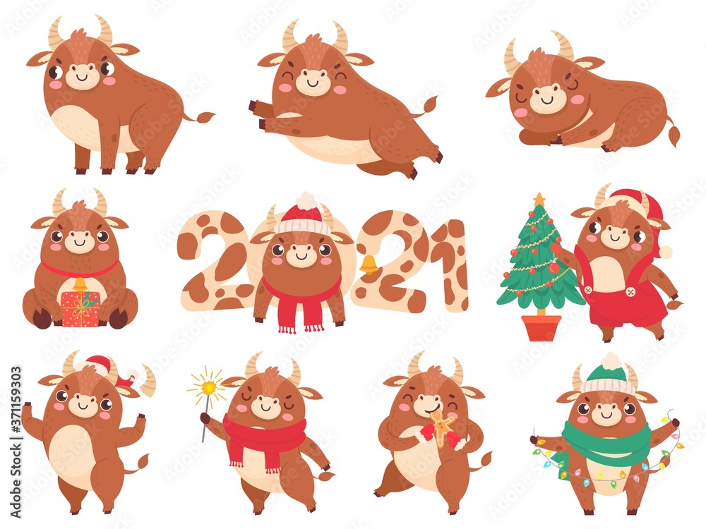 Fototapeta premium Cute ox. Color bulls chinese new year 2021 symbol, animals with horns, cows and buffalo family calendar or cards, cartoon vector set. Animal bull 2021, cow chinese year, oriental cattle illustration